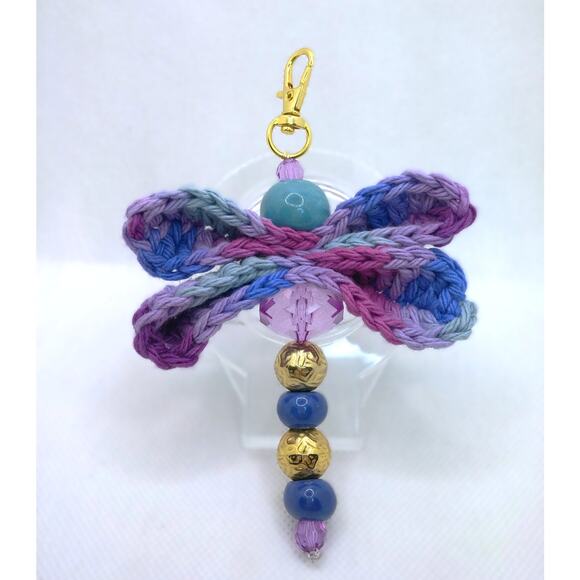 Crochet Dragonfly Vintage Beaded Keychain Hand Crafted Purse Charm Bag Clip NEW - Picture 1 of 10